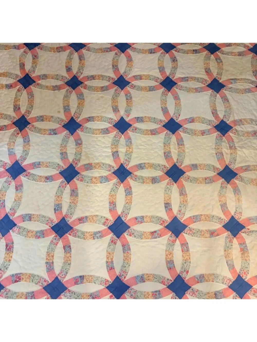 Vintage handmade pastel floral pink and blue wedding ring quilt blanket